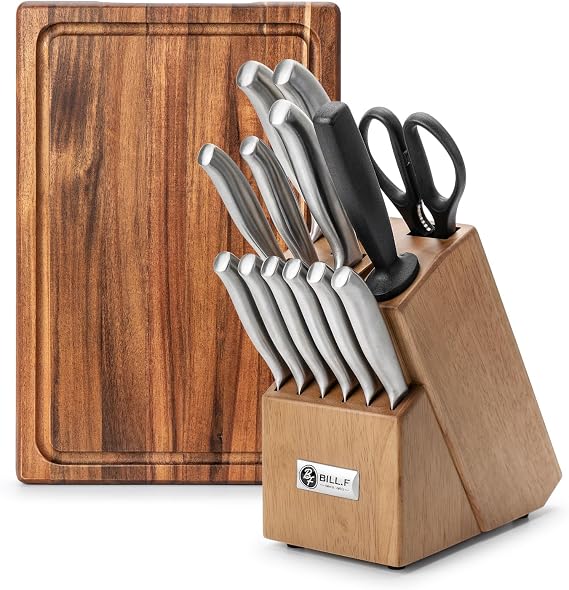 Knife Block with Kitchen Knives Set 14 Pcs and Wood Cutting Board Ultra Sharp Stainless Steel Knife for Kitchen Home Essentials Chef Knife Set and Steak Knives Set of 6 with Wood Block