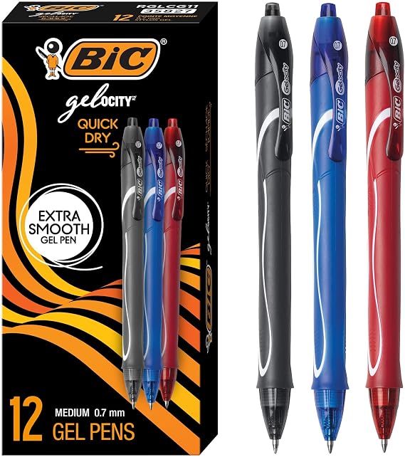 BIC Gelocity Quick Dry Gel Pens, Medium Point, 0.7mm, 12-Count Pack