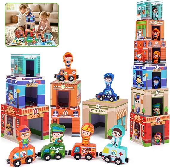 Montessori Sorting and Stacking Community Helpers Toys for Toddlers 1-3 | Number Blocks Nesting Boxes, Magnetic Wooden Car Preschool Toy, 1st First Birthday Gifts for 1-2 Years Boys Girls