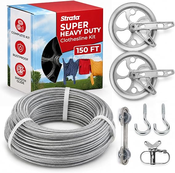 STRATA Super Heavy-Duty Clothesline Kit, 150ft Steel Cable