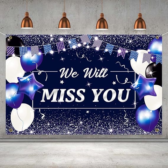 We Will Miss You Good Luck Banner Backdrop Sign Farewell Going Away Party Decorations Supplies for Coworker Friend Men 6 x 4ft Blue Purple