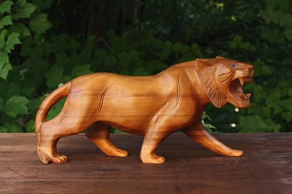 G6 Collection Hand Carved Wooden Tiger Figurine Roaring Jungle Cat Sculpture, Wildlife Decor, Natural Wood Accent, Great Gift for Animal Lovers, Safari Theme (Brown, Mini - 8" Long)