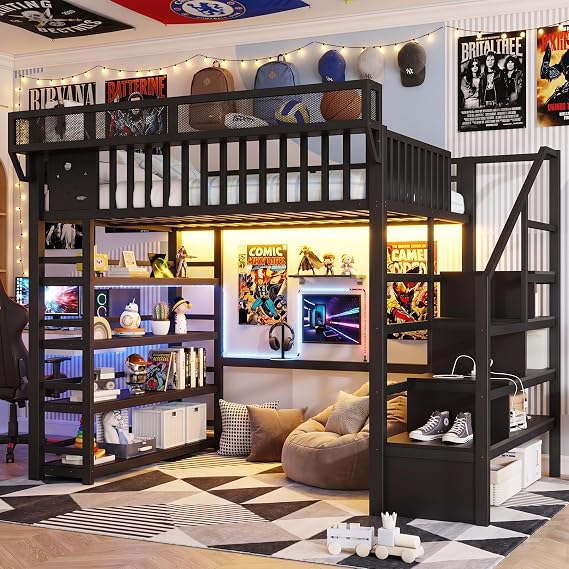 Mirightone Full Size Loft Bed with Stairs & RGB Light, Metal Loft Bed Frame with Storage Bookcase, Tall Loft Beds with Bedside Shelf for Kids Teens Boys Girls, Black