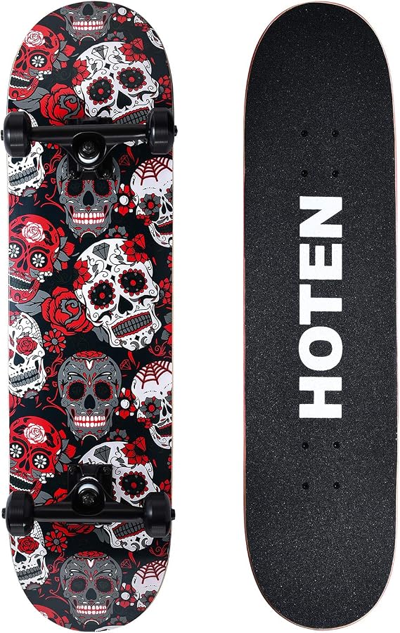 HOTEN Pro Skateboard Adult Trick Skateboards Complete, 8-Inch Standard Beginner Skateboards, Cool Design Skate Board (Rose Skull)
