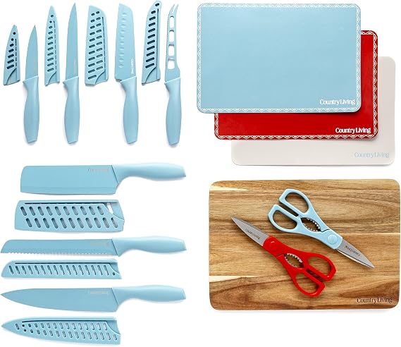 Country Living 20-Piece Kitchen Knife Quality Stainless-Steel Blades with Guards, Complete Set includes Knives, Shears, Acacia Cutting Board and Flexible Chopping Mats, Blue