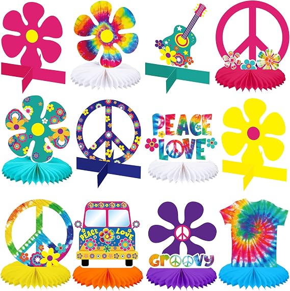 Nezyo 12 Pcs Hippie Honeycomb Centerpieces, 60s 70s Tie Dye Peace Sign