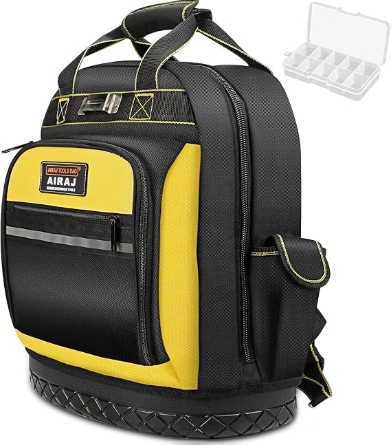 AIRAJ Tool Bag with Molded Hard Waterproof Bottom and Waist Support, Heavy Duty Tool Backpack for Electricians, Plumbers, Construction Workers