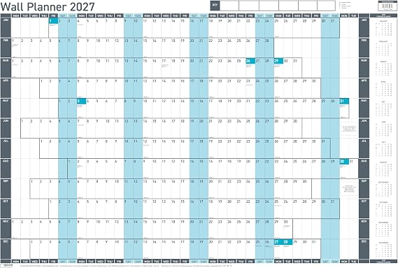 Sasco 2027 Value Year Wall Planner with wet wipe pen & sticker pack, Blue, Board Mounted, 915mmW x 610mmH