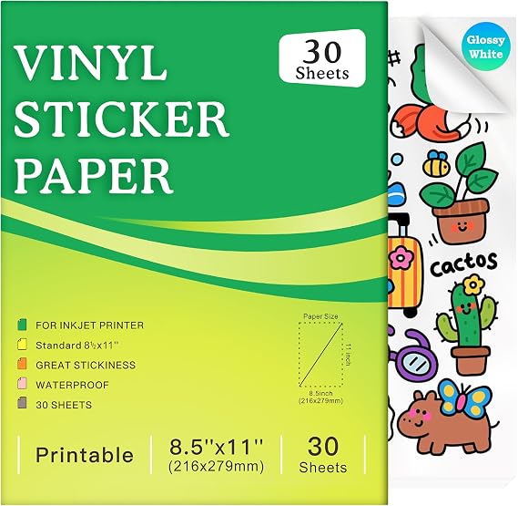 Aevdor 30-Sheet Glossy White Printable Vinyl Sticker Paper, 8.5x11, Inkjet