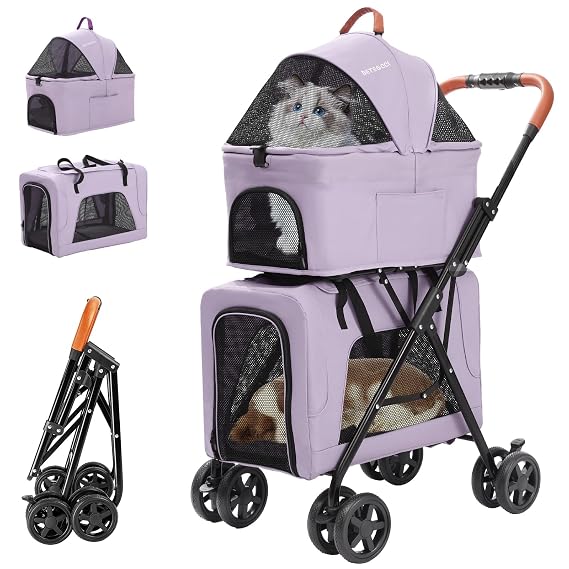 Double Pet Stroller with 2 Detachable Carrier for Small Dogs & Cats, Purple