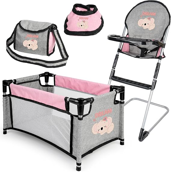 deAO Baby Doll Accessories with Crib & High Chair Dolls Furniture Set