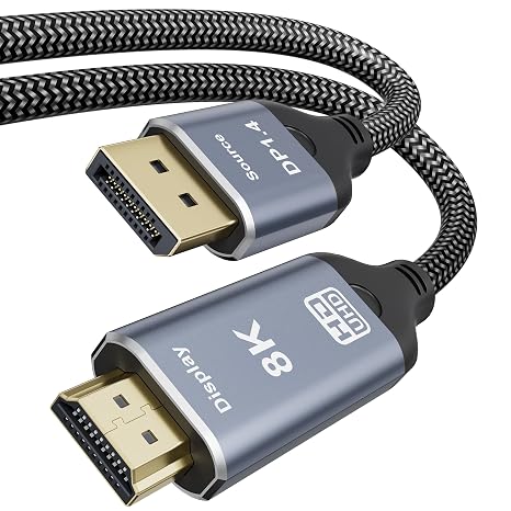 8K DisplayPort to HDMI 2.1 Cable 6.6FT 8K@60Hz 4K@120Hz Uni-Directional DP (Source) to HDMI (Display) Braided Cord DP to HDMI Compatible with PC, Dell, AMD, Lenovo, Monitor, HP