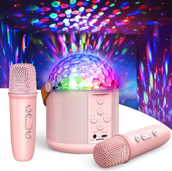 Mini Karaoke Machine for Teens Kids, Birthday Party Gifts Toys for Girl Ages 4 5 6 7 8 9 10 11 12+ Years Old, Portable Bluetooth Speaker with 2 Wireless Microphones and Disco Lights