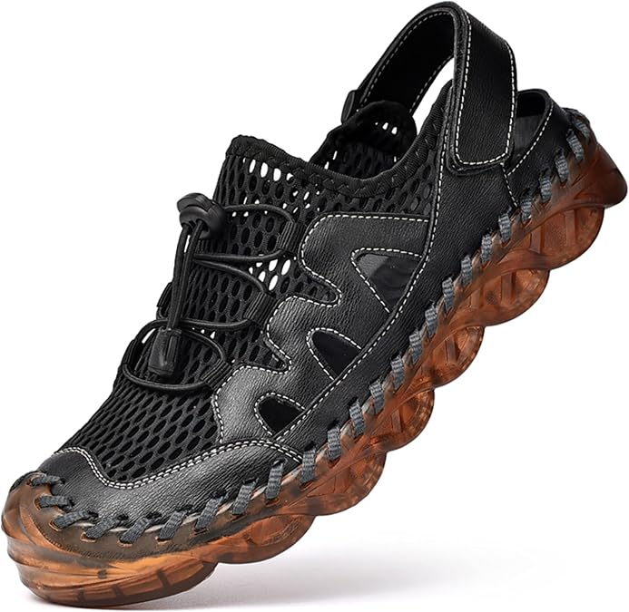 Qiucdzi Mens Closed Toe Sandals, Sport Sandals Casual Leather Handmade Sandals Adjustable Fisherman Beach Sandals For Outdoor Walking Driving