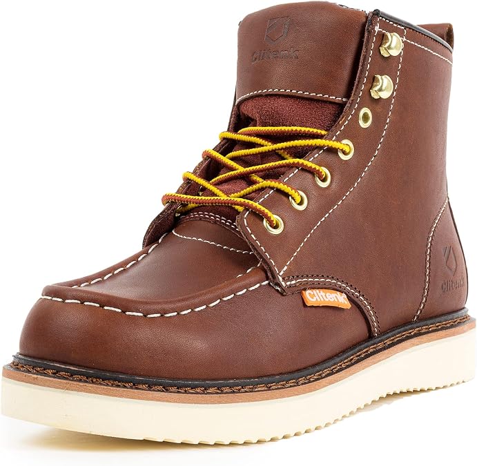 Men's 6" Soft Toe Work Boots Full Grain Leather Moc Toe Waterproof Wedge Sole Comfortable Construction Boots