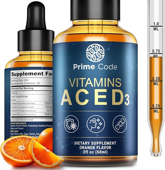 Prime Code Liquid Vitamin A Supplement for Women & Men with Vitamin C E and D3, Vitamin A C E D3 Drops for Adults, Non-GMO, Faster Absorption & Immune Support, Natural Orange Flavor Drops