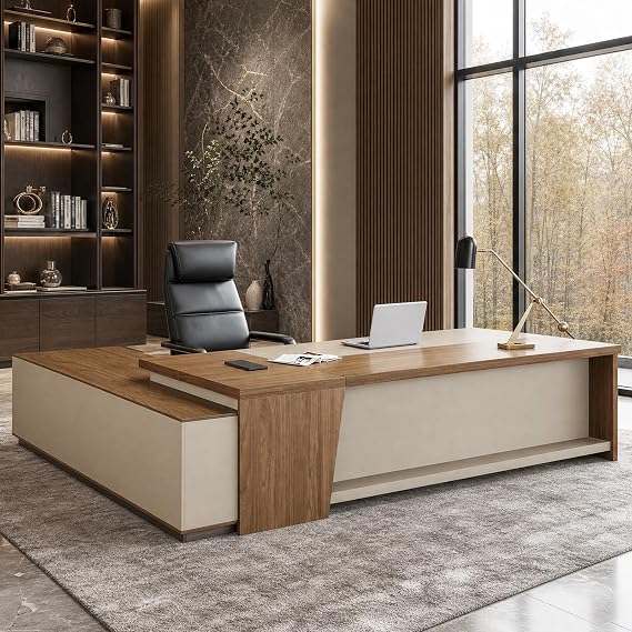 78.7"/200cm Executive Desk with Built-in Outlets, Cabinet Drawers, Right | L-Shaped Large Executive Office Desk with LED, Privacy Panel & Storage Shelves for Office Business Boss CEO Managers