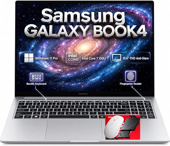 Samsung Galaxy Book4 15.6" Full HD Business Laptop, Intel Core 7 150U 10-Core Processor, 16GB RAM, 512GB SSD, Windows 11 Pro, Backlit Keyboard, Fingerprint Reader, RJ45 Ethernet, Copilot Key, Silver