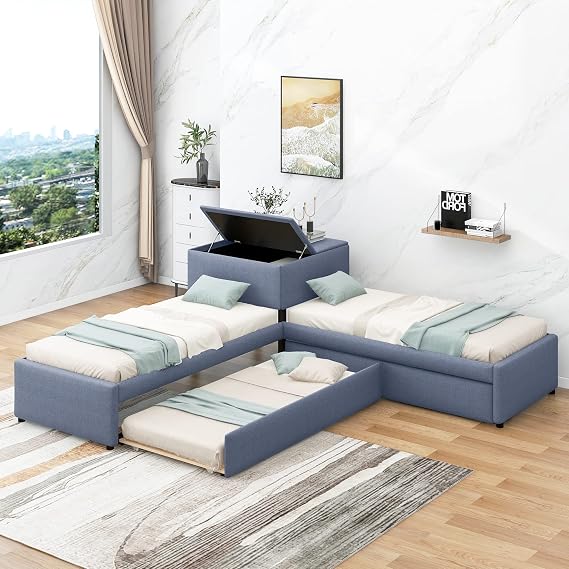 KLMM Linen L-Shaped Upholstered Platform Bed with Trundle and Two Drawers Linked with Built-in Desk Storage,Twin