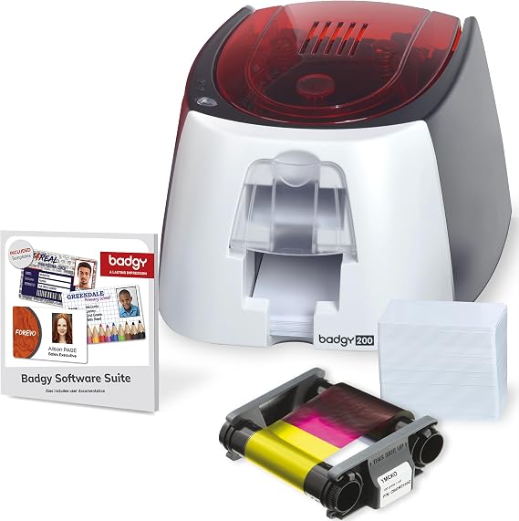 Badgy200 Plastic Card Printer with Badge Studio+ ID design software for full color, custom, tamper proof ID badges in seconds