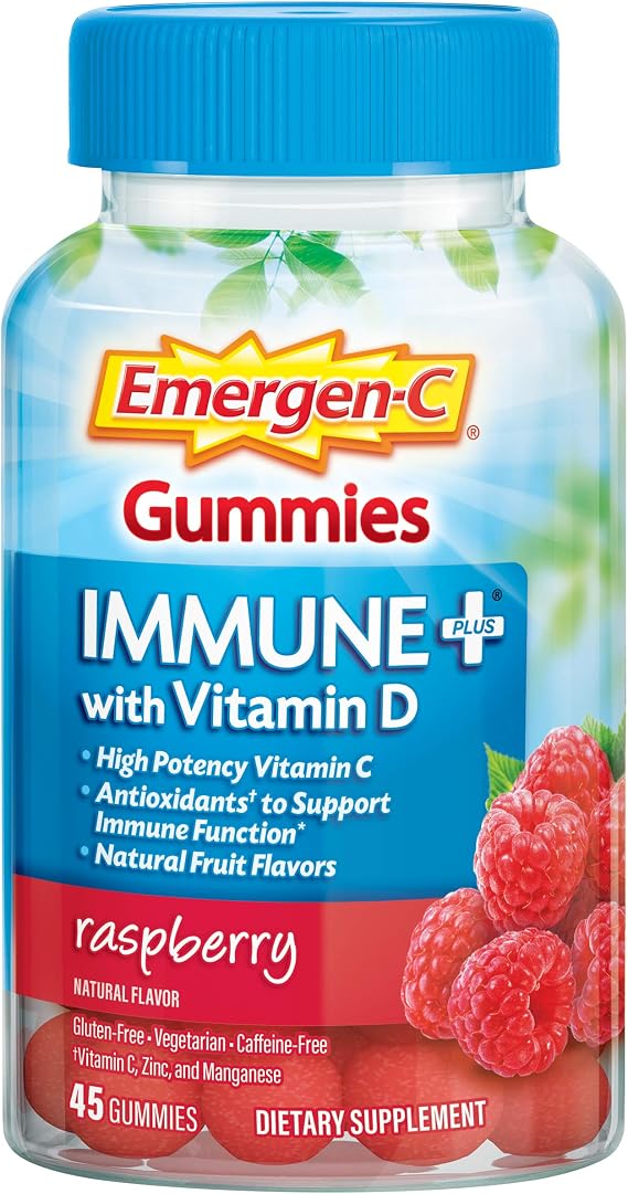 Emergen-C Immune+ Triple Action Immune Support Gummies, BetaVia (R), 1000mg Vitamin C, B Vitamins, Vitamin D and Antioxidants, Raspberry 45 Count