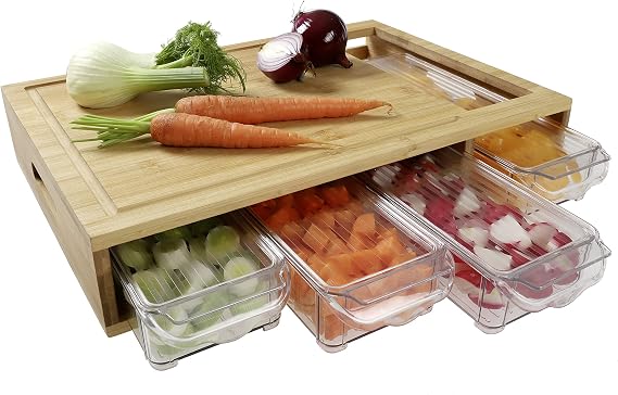 HeRo24 Bamboo Chopping Board with 4 Collection Trays Large Bamboo Kitchen Board Knife-Friendly & Hygienic Chopping Board with Integrated Containers for Vegetables Meat & Meal Prep