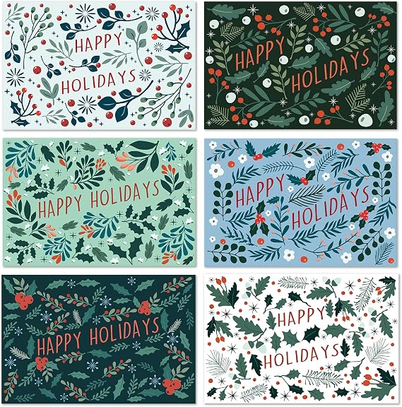 24 Pack Happy Holiday Christmas Cards, Rustic Holiday Greeting Cards Set with Envelopes, Boxed 6 Unique Hand-Drawn Designs with Messages Inside (Happy Holidays/Christmas)