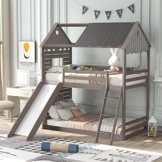 Bunk Bed with Slide, House Bunk Beds Wood Frame Twin Over Twin Bunk Bed for Kids Toddlers Girls Boys, Antique Gray