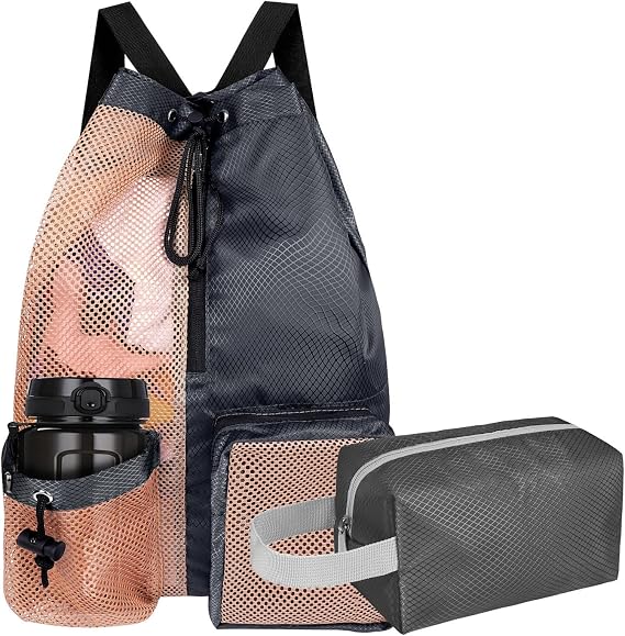 Mesh Beach Backpack with Wet Pocket & Toiletry Bag Drawstring Pool Bag Waterproof Swimming Bag Gym Backpack for Men & Women (black)
