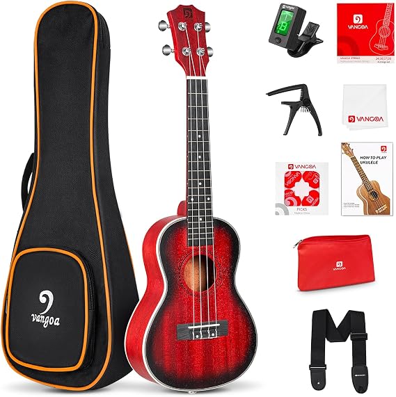 Vangoa 26Inch Tenor Ukulele Kit, Mahogany Starter Uke for Beginner, Red