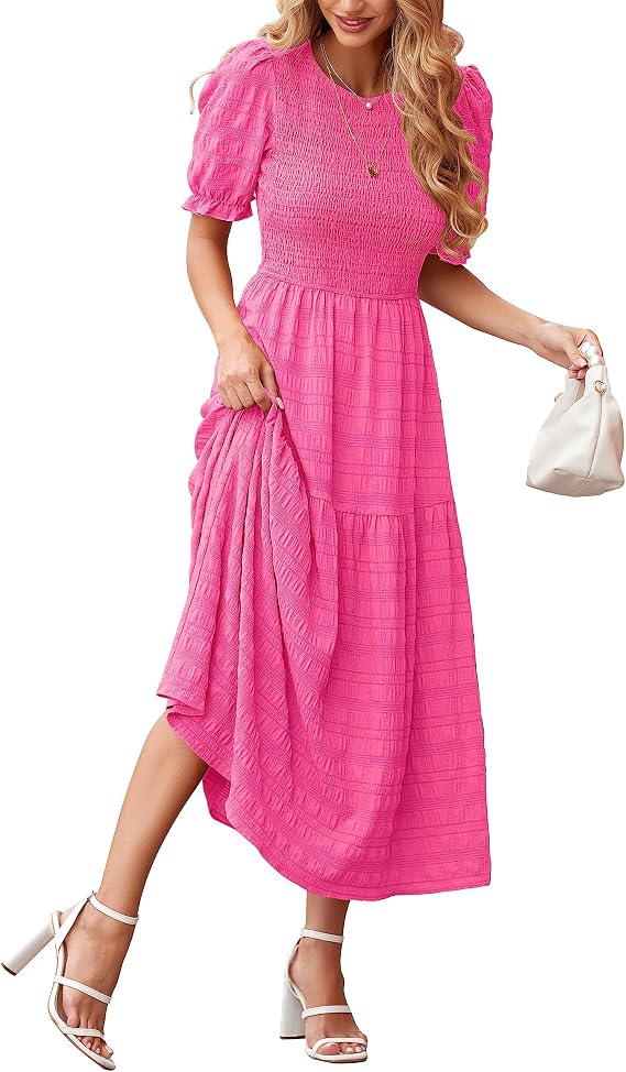 dowerme Womens Puff Sleeve Smocked Ruffle Maxi Dress