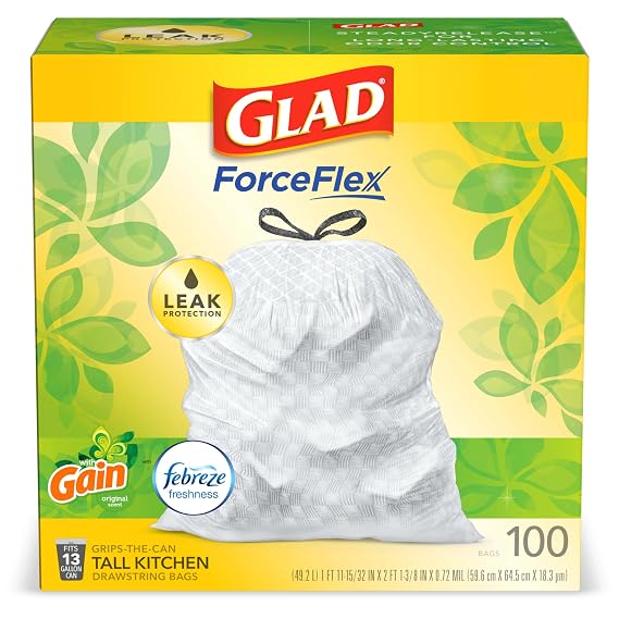 Glad Trash Bags, ForceFlex Tall Kitchen Drawstring Garbage Bags, 13 Gal, 100 Ct (Package May Vary)