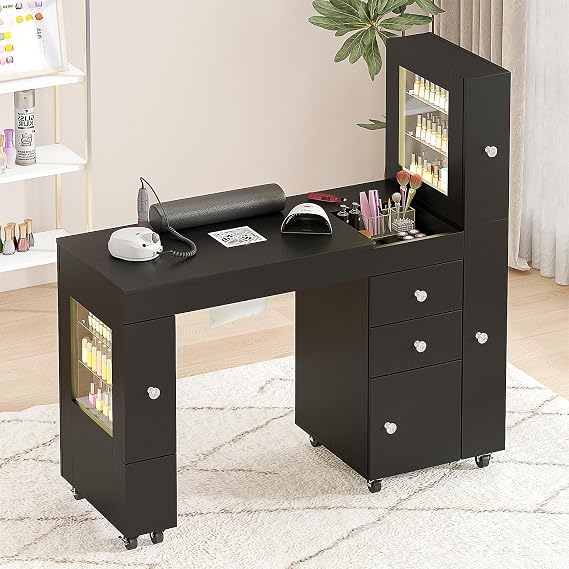 advwin Manicure Table for Nail Tech with LED Display Cabinet, Dust Collector, Wrist Rest, Lockable Wheels, and Drawers (Black)