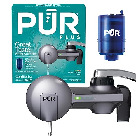 PUR Plus Horizontal Faucet Mount Filtration System with Lead Reduction | Powerful 3-in-1 filteration, Water Filter for Sink, Lasts 100 Gallons, Compatible with Sinks with External Aerators