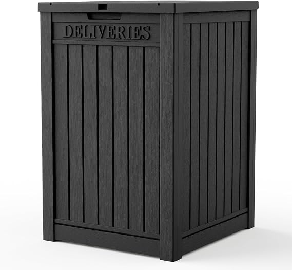 EasyUp Outdoor Package Delivery Box, 48-Gallon Lockable Parcel Drop Box, Large Double-Walled Resin Weatherproof Storage Deck Box for Porch and Patio (Black)