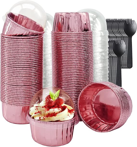 LNYZQUS 100 Pack Cupcake Liners with Dome Lids, 5oz Mini Baking Cups | Rose Gold, Foil Paper Disposable Dot Cake Cups, Single Muffin Containers for Kids Party Treats, School Bake Sales