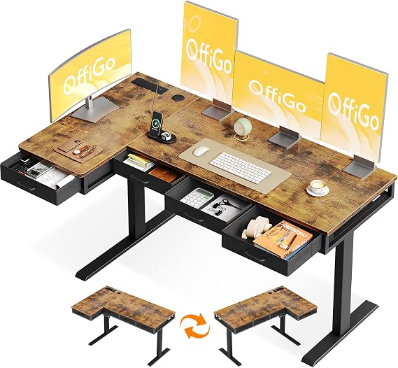 OffiGo Standing Desk, 160x80cm Corner Electric Desk with 4 Drawers, Large L Shaped Table with Socket, Height Adjustable Rising Table with Storage for Sit Stand Home Office Workstation, Rustic Brown