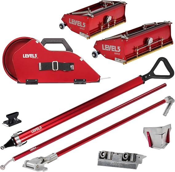 LEVEL5 Semi-Automatic Tool Set | Pro-Grade | Banjo Taping Tool, Compound Tube, 10/12" Flat Boxes, Corner Roller, 3.5" Flusher and Handles | Sheetrock Gyprock Wallboard | 4-650