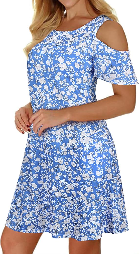 Tanst Sky Women Cold Shoulder Dress Floral Printed Short Sleeve Sundress with Pocket