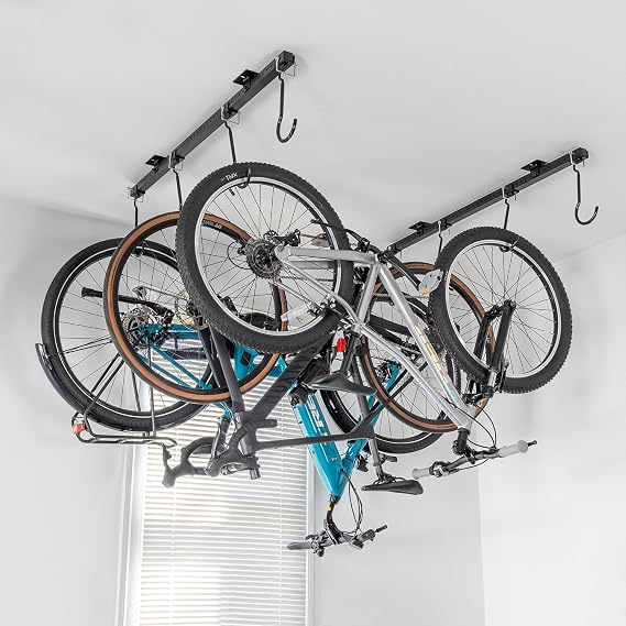 Teal Triangle Ceiling Mounted Bike Rack for Garage - Premium Bicycle Stand & Hanger for Space-Saving Storage | Adjustable Hooks Hold 4-8 Bikes - Indoor Bicycle Rack System