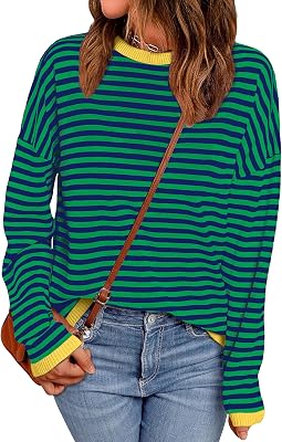 WIHOLL Womens Sweaters Dressy Casual Long Sleeve Tops Round Neck Striped Fashion