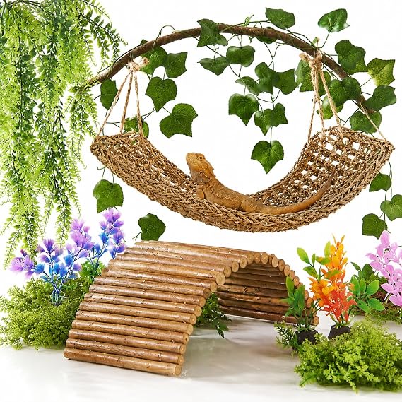 Bearded Dragon Tank Accessories, Reptile Mat Hammock Plants Bridge Jungle Climber Vines for Leopard Gecko Hermit Crab Lizard Snak (Bearded Dragon Tank Accessories (9 Piece))