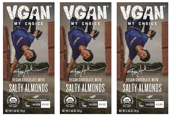 VGAN Vegan Chocolate Bars, Gluten Free Snacks, Plant Based, Soy and Dairy Free, Organic Ingredients, Cruelty Free, Kosher, and Non GMO, My Choice Tony Hawk Chocolate with Salty Almonds, (3 Pack)