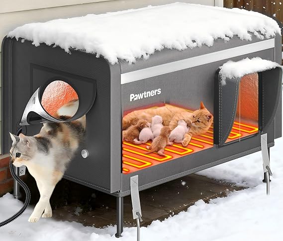 Pawtners Heated Outdoor Cat House for Outside Cats, 26'' XL Insulated Weatherproof Cat Shelter with Heated Pad, Elevated Feet & Escape Door, Warm Kitty House for Feral or Stray Cats in Winter