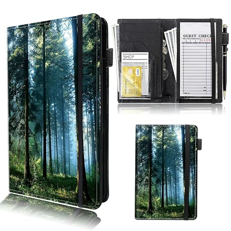 Rossy Server Books for Waitress & Waiter 9 x 5 Inch Wallet with Zipper Pocket Nature Misty Forest Design Booklet Cute Waitress Book Serving Book with 11 Money Pocket Fit Server Aprons