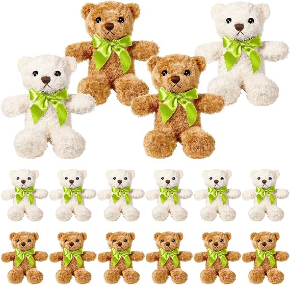 16 Pack 25 cm Small Teddy Bears Bulk with Bow Ties, 8 White and 8 Brown