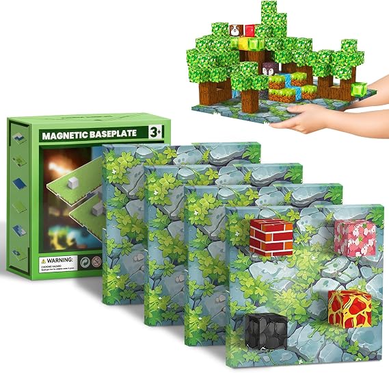 Magnetic Blocks Baseplate, 4PCS Green Base Plate for Minecraft Magnetic Building Blocks to Build, Play, and Display Creations 4 x 4 Base Boards for Kids Birthday Gifts Toys for Boys Girl