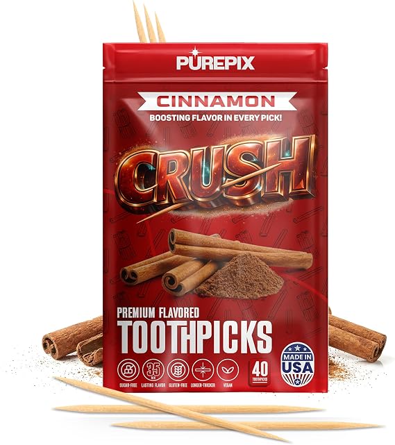PurePix Crush Cinnamon Flavored Toothpicks Quit Smoking Support, Thick Birchwood Infused Sticks, 40 Count Pouch, Long-Lasting Taste, Nicotine Free, Quit Smoking Gift, Vegan & Gluten-Free, Made in USA