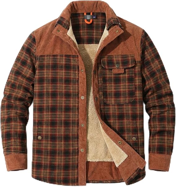 HYPESTFIT Mens Jacket Flannel Fur Lined Button Warm Lumberjack Fleece Padded Long Sleeve Casual
