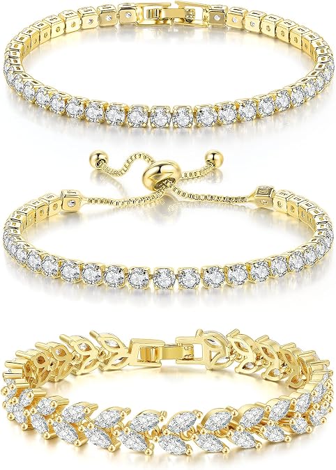 GEMOSA 3 Pcs Tennis Bracelets for Women Silver Gold Bule CZ Braclet Set